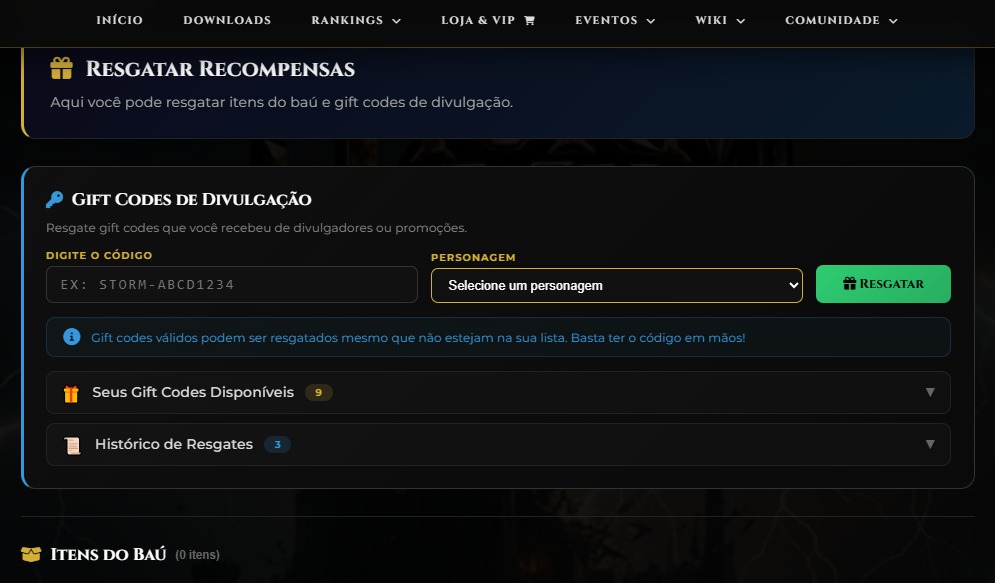 Novo sistema de Giftcode!